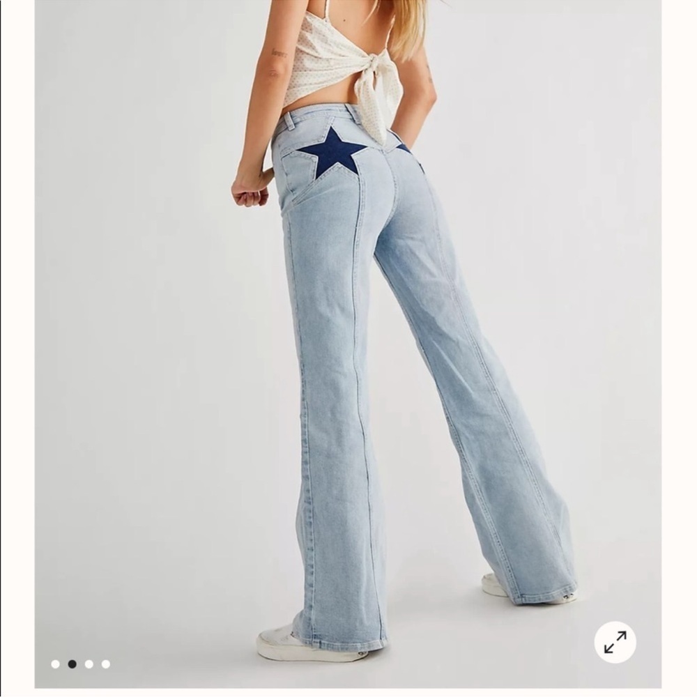 Free People Firecracker Flare Jeans Blue Denim Star Patch 28